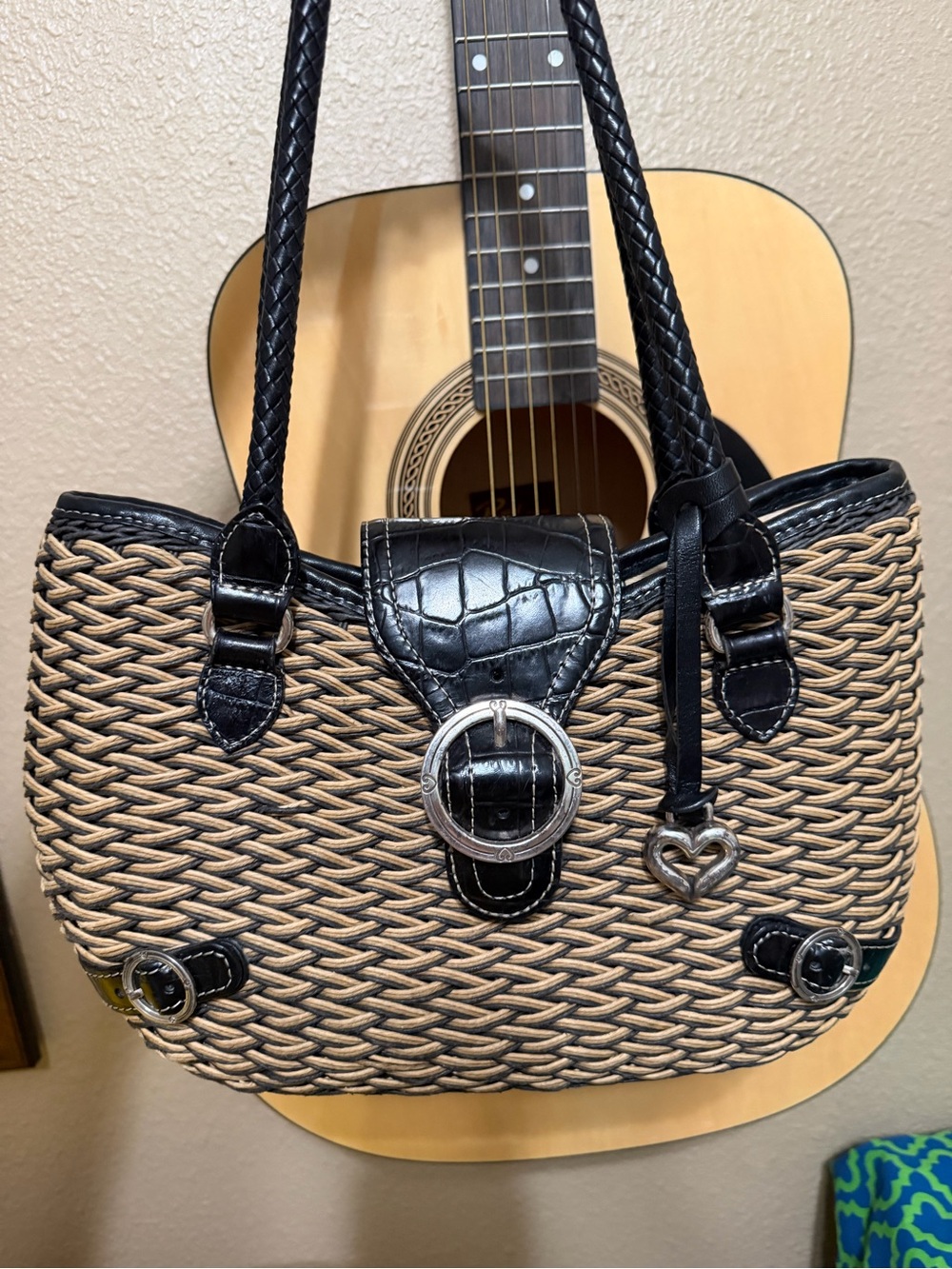 Brighton Woven Tote with Black Embossed  Trim and Heart Charm